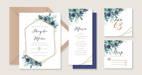 Fototapeta na wymiar Thistle wedding invitation template with geometric gold frame perfect for rustic wedding theme