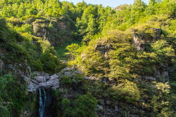 High angle view of a waterfall in the forest during summer season in La Cumbrecita Cordoba Argentina