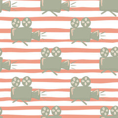 Simple camera silhouettes seamless pattern. White and oral stripped backgound. Stylized backdrop.