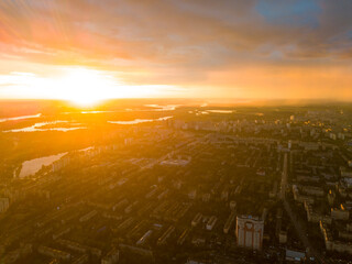 Aerial drone view. Sunset over Kiev city.