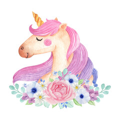 Obraz na płótnie Canvas Magical unicorn with flowers isolated in white background. cute watercolor unicorn illustration