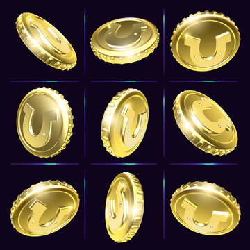 3D illustration of shiny gold coins with lucky horseshoe symbol. Set of casino metal coins or tokens in different positions isolated on dark background