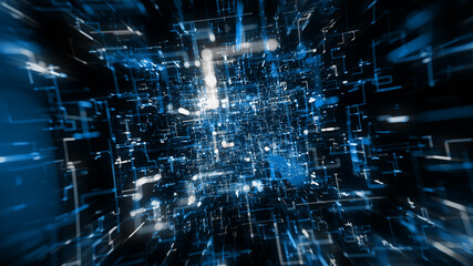 Naklejka premium Abstract Digital Data Hi Tech Background Zoom In/ Illustration of a beautiful abstract technology background with data lines and corner particles zooming in with radial blur