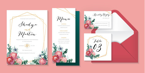Romantic wedding stationery with queen protea, eucalyptus, thistle and berries. watercolor wedding floral illustration set
