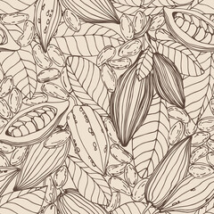 seamless pattern of a set of elements of cocoa tree, seeds, leaves, fruit, for ornament, menu decoration, color vector illustration with Sepia contour lines on a milky background in a hand drawn style