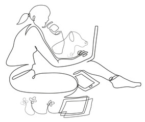 Simple one line drawing of happy female freelancer working with paper, laptop and cup of coffee.
One continuous line drawing of woman working with tablet.

