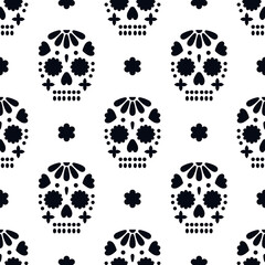 Seamless pattern with decorative skulls. Dia de los muertos - mexican holiday. Vector backdrop for Day of the dead or Halloween.