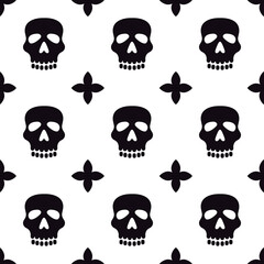 Seamless pattern with skulls. Black and white print. Vector backdrop for Day of the dead or Halloween.