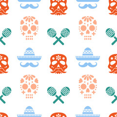 Seamless pattern for Dia de los muertos - mexican holiday Day of the dead. Repetitive print with colorful skulls, sombreros and maracas . Vector illustration.