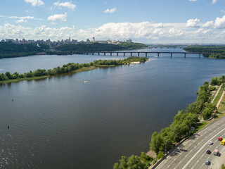 Aerial drone view. View of the Dnieper River in Kiev