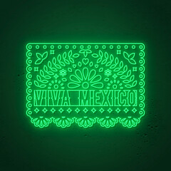 Viva Mexico neon sign. Decorative Papel picado card in neon style. Traditional mexican decoration for holidays. Vector illustration. - 377147141