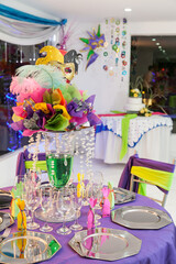 Thematic Decoration For Celebration And Parties; Reception Room With Colorful Decorations And Masks.