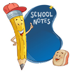 Vector cartoon pencil and eraser on label for school notes. 