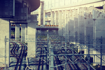 Railway track on steel bridge with selective focus. Railway power supply, Electric locomotive on the tracks.
