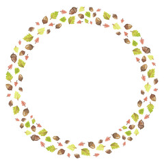 Round autumn border made of acorns and leaves