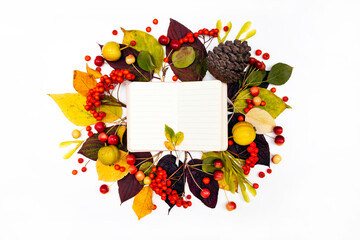 Fall mock-up note pad and leaves. Copy space for text. Small notebook on a bunch of withered leaves. Red rowanberry berries. Romantic season design template. Thanksgiving theme. Paper background. 