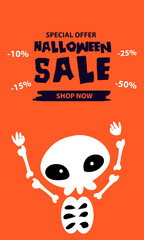 Halloween sale banner. Halloween background with tombstones, pumpkin, monster, haunted house and full moon. Invitation flyer or template for a Halloween party. silhouette Vector illustration.