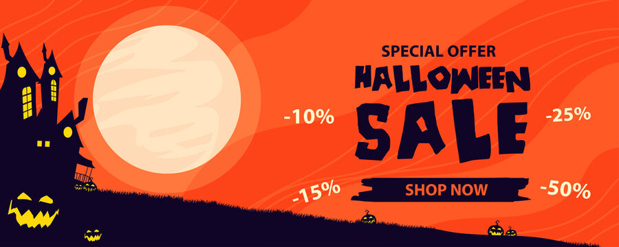 Halloween sale banner. Halloween background with tombstones, pumpkin, monster, haunted house and full moon. Invitation flyer or template for a Halloween party. silhouette Vector illustration.
