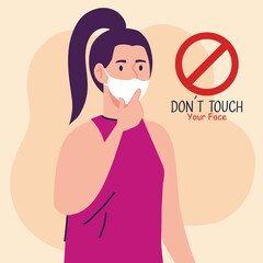 do not touch your face, young woman wearing face mask, avoid touching your face, coronavirus covid19 prevention vector illustration design