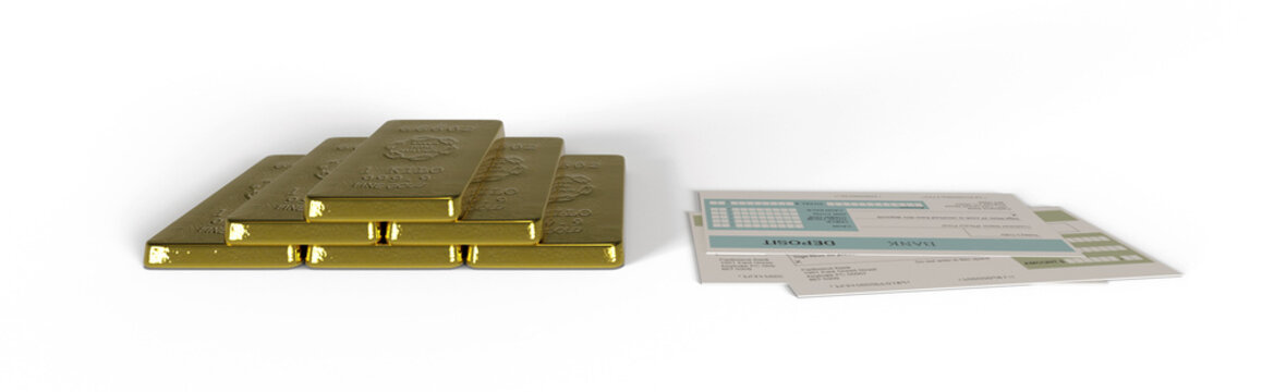 Realistic 3d render illustration of gold bars and blank blanks of deposits on isolated background