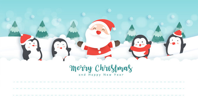 Merry Christmas and happy new year postcard with cute Santa and penguins in the snow forest for greeting card .