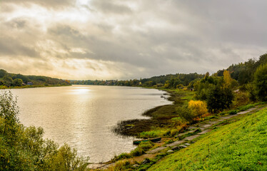 Fototapeta na wymiar Bank of the Volkhov River near Nikolsky Monastery.