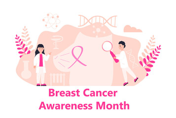 National Breast Cancer Awareness Month NBCAM celebrated in America. Flat concept vector for banner, poster. Tiny doctors treat breast cancer.