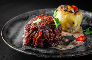 Grilled beef steak filet mignon with potato and sauce in plate on wooden table