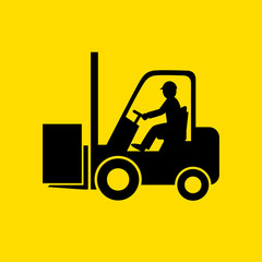 Black forklift truck vector icon on yellow background - 377150794