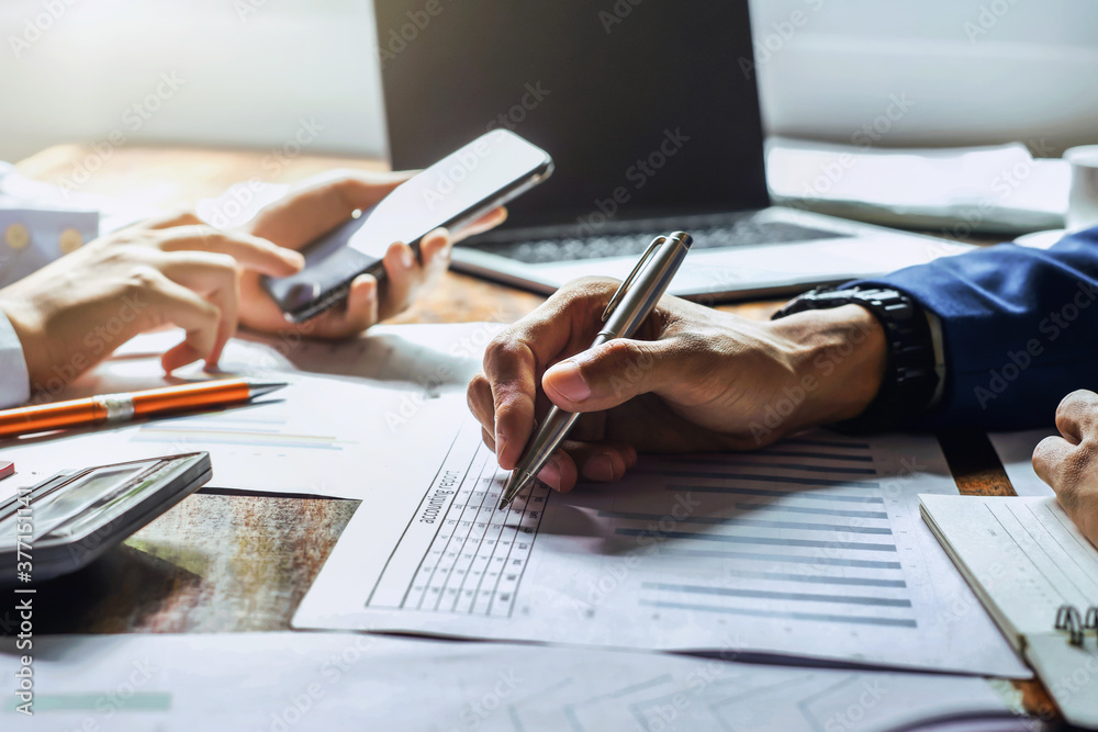 Poster businessman working in office with using a calculator to calculate the numbers finance accounting co