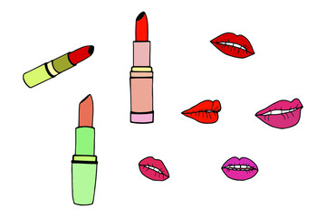 Obraz premium Fashionable set of lipsticks and lips. Vector stock illustration eps10. Hand drawing. White background.