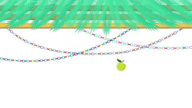 Traditional Sukkah for the Jewish Holiday Sukkot 4K animation. Happy sukkot in Hebrew. Tropical palm tree leafs frame, colorful bunting, garlands, paper lanterns decoration.