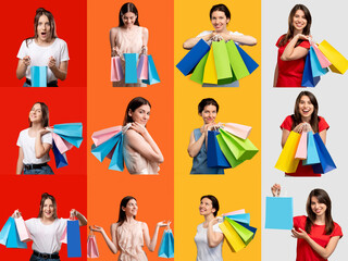 Shopping collage. Special offer. Portrait montage of happy excited cheerful different women with...