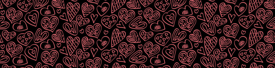 Cute hand drawn heart shapes in seamless horizontal border on black background. Vector illustration.