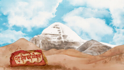 Watercolor Illustration of Mount Kailash in Tibet under the blue sky, famous god mountain in Tibetan Buddhism, stone with mantra in the foreground. A landscape background.
