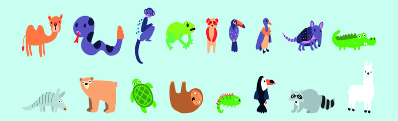 Big vector set with animals in cartoon style. Vector collection with mammals isolated on blue