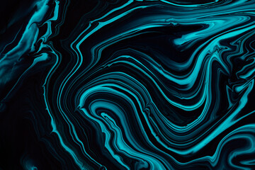 Fluid art texture. Abstract backdrop with swirling paint effect. Liquid acrylic artwork that flows and splashes. Mixed paints for posters or wallpapers. Blue, black and aquamarine overflowing colors