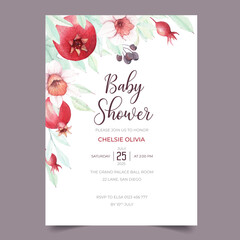 Lovely Baby shower Invitation Design Template with Pomegranate, and Daffodil flowers