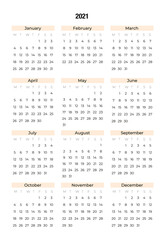 Laconic modern vector calendar for 2021 without decorations. Flat strict cadendary form for 12 months with days of the week. Calendar template for time management, diary, desktop.