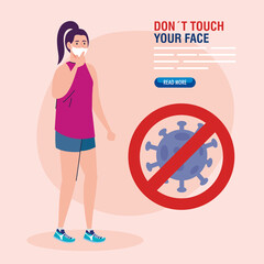 do not touch your face, woman wearing face mask and coronavirus particle in signal prohibited, avoid touching your face, coronavirus covid19 prevention vector illustration design