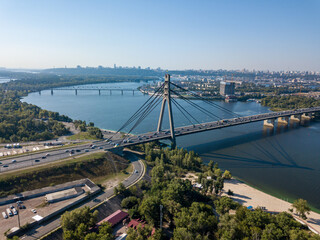 North bridge over the Dnieper river in Kiev. Aerial drone view.