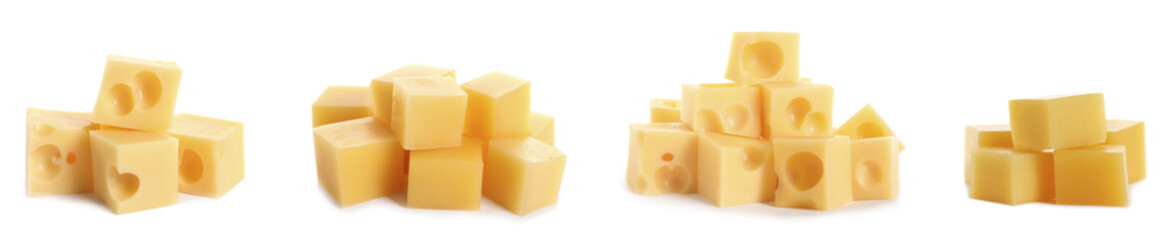 Set of delicious cheese cubes on white background. Banner design