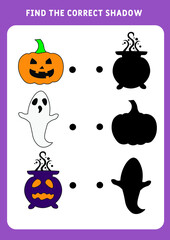 Find the correct shadow, education Halloween game for children. Funny cartoon characters. Educational game for children.  Mini-game for children. Find the correct silhouette printable worksheet.
