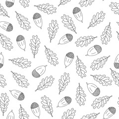 Autumn vector seamless pattern with oak leaves and acorns on white background. Great for fabrics, wrapping papers, wallpapers, covers. Doodle sketch style illustration in black ink.