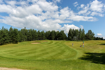 Fototapeta na wymiar The Summer landscape golf course panorama and background. 