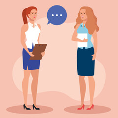 businesswomen with speech bubble and document vector illustration design