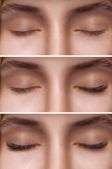 Eyelash Extension. Comparison of female eyes before and after. - 377155559