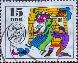GERMANY, DDR - CIRCA 1969: a postage stamp from Germany, GDR showing a drawing from the fairy tale Jorinde and Joringel.