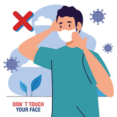 do not touch your face, man using face mask outdoor, avoid touching your face, coronavirus covid19 prevention vector illustration design