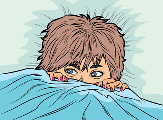 The woman was lying staring, she was scared, pulled the blanket over her mouth and nose. Pop art vector illustration
